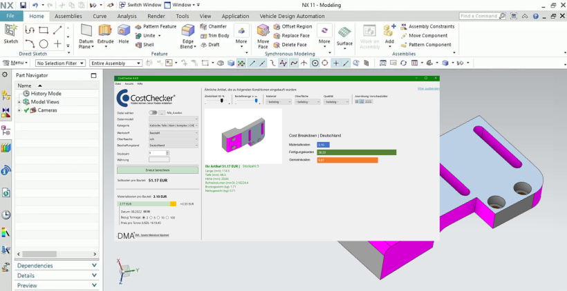 Der CostChecker im 3D CAD System Unigraphics NX